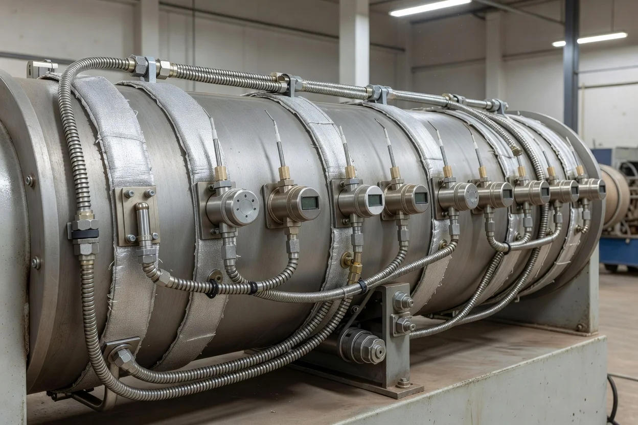 Cilindro de extrusora equipado con sensores de temperatura, zonas de calefacción aisladas y conductos metálicos flexibles. - plascentral.com


