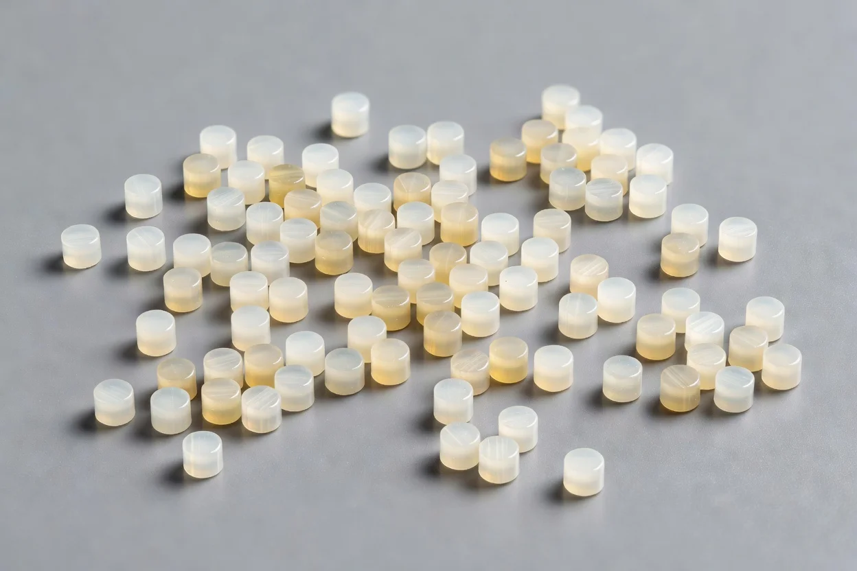 Translucent cylindrical LCP polymer pellets with uniform shape and smooth texture. - plascentral.com

