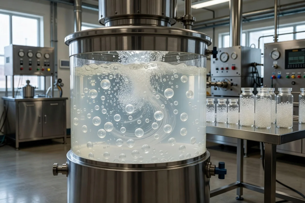 Recipiente de reactor a escala de laboratorio con microcápsulas de polímero translúcido suspendidas en un medio acuoso arremolinado - plascentral.com

