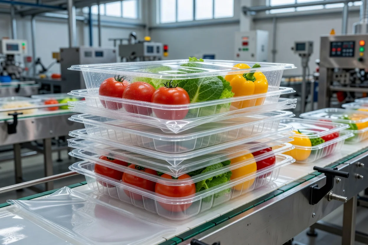透明的PHB基生物降解食品容器堆疊在傳送帶上。 - plascentral.com

