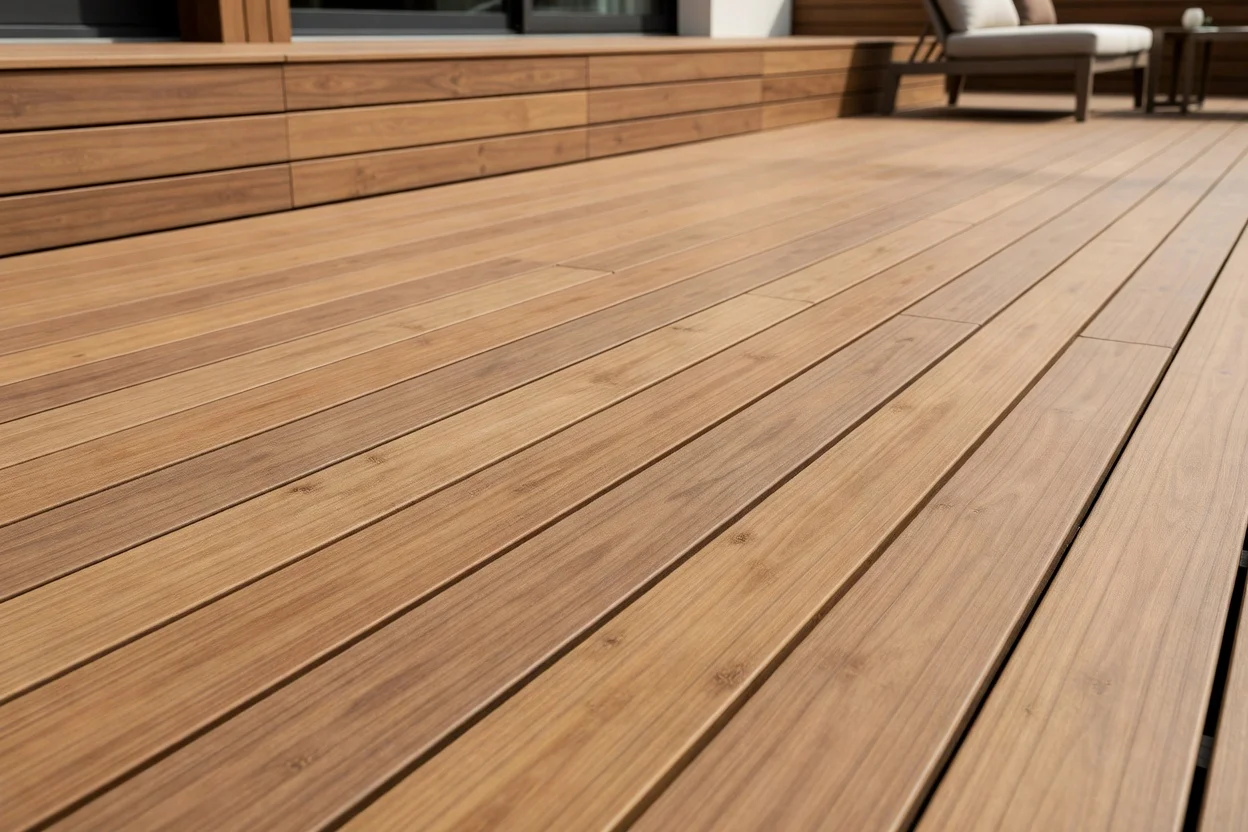Bamboo-polymer composite decking boards with natural wood grain texture - plascentral.com

