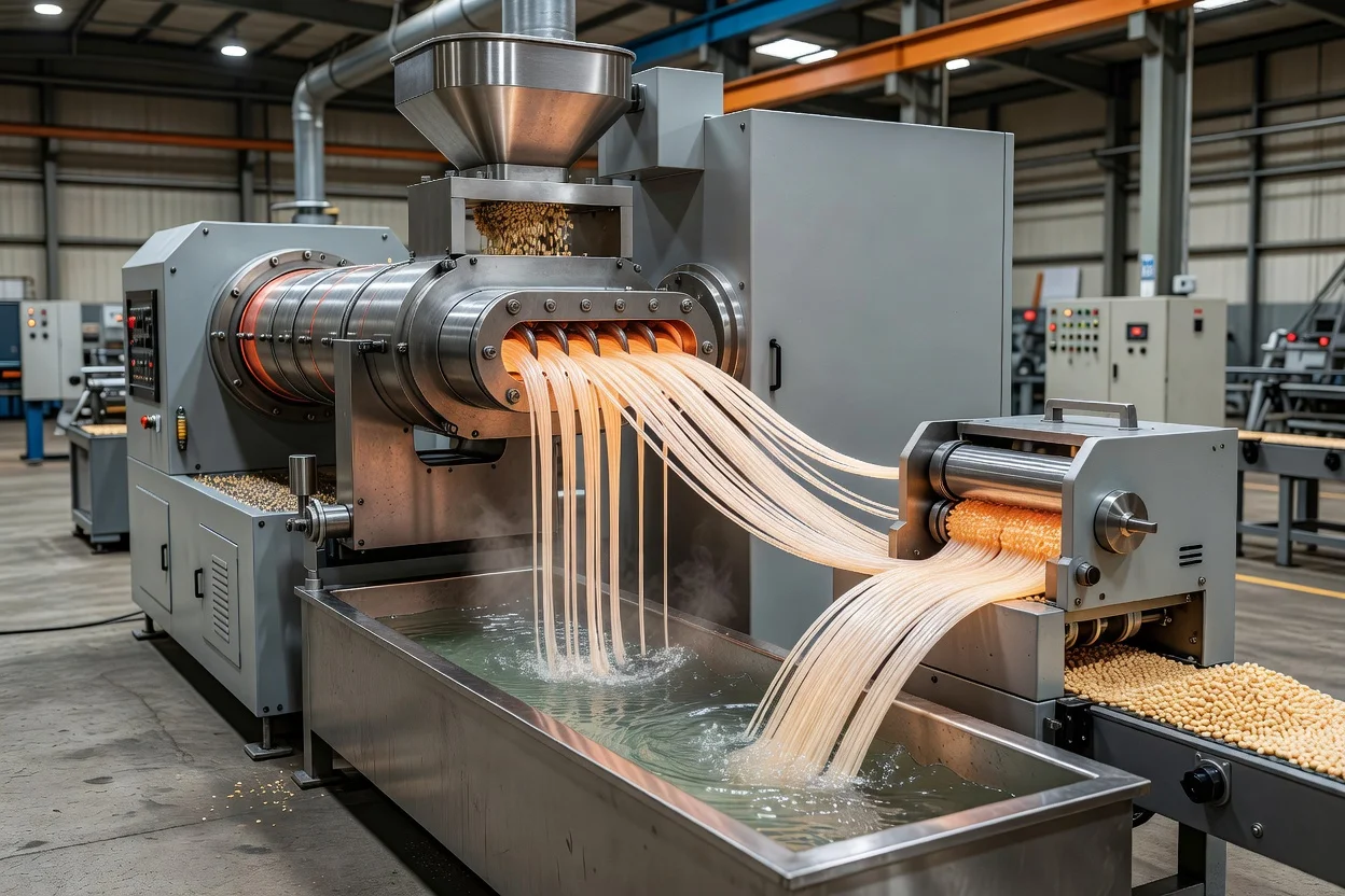 Polymer pellets flowing through an industrial extrusion line for plastic processing - plascentral.com

