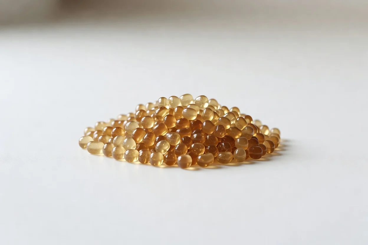 Granulés de copolymère SAN ambré translucide de forme sphérique uniforme et de texture brillante. - plascentral.com