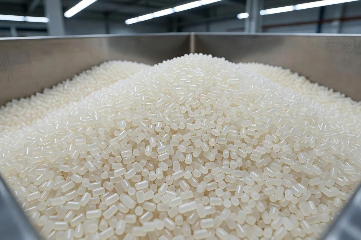 Granulés de plastique cylindriques blanc cassé remplissant un récipient en acier inoxydable. - plascentral.com

