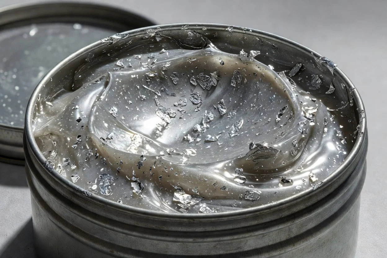 Pasta de plata de aluminio con matriz gris viscosa y escamas metálicas reflectantes dispersas en un recipiente metálico abierto - plascentral.com

