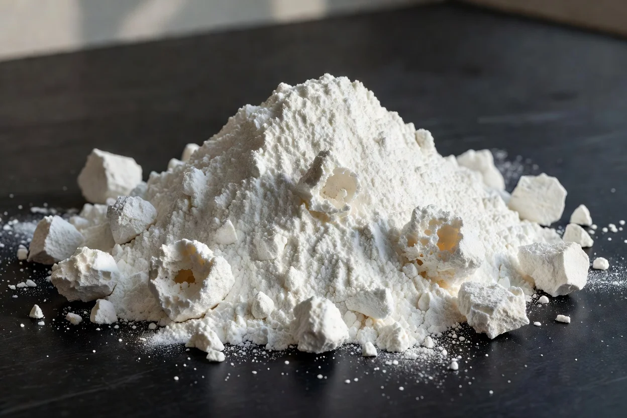 Polvo de kieselguhr poroso con partículas blancas finas y gránulos irregulares llenos de cavidades para aplicaciones poliméricas. - plascentral.com

