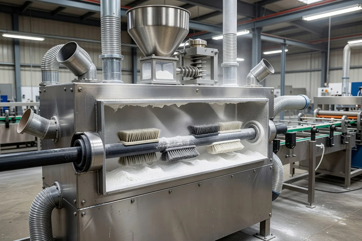 Talc applicator chamber with rotating brushes distributing powder onto extruded pipe in stainless-steel enclosure - plascentral.com


