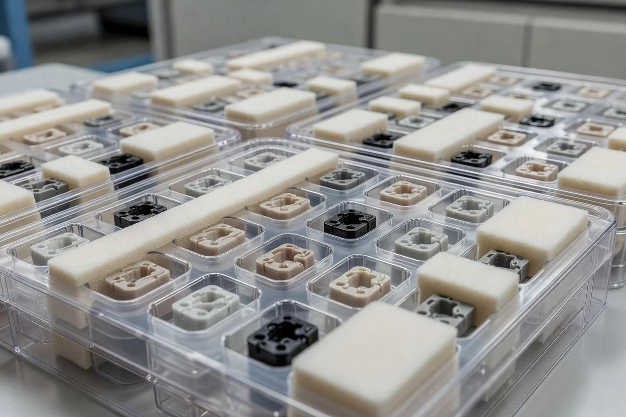 Le plateau de calage en plastique thermoformé transparent organise les composants moulés dans les cavités avec des séparateurs en mousse. - plascentral.com

