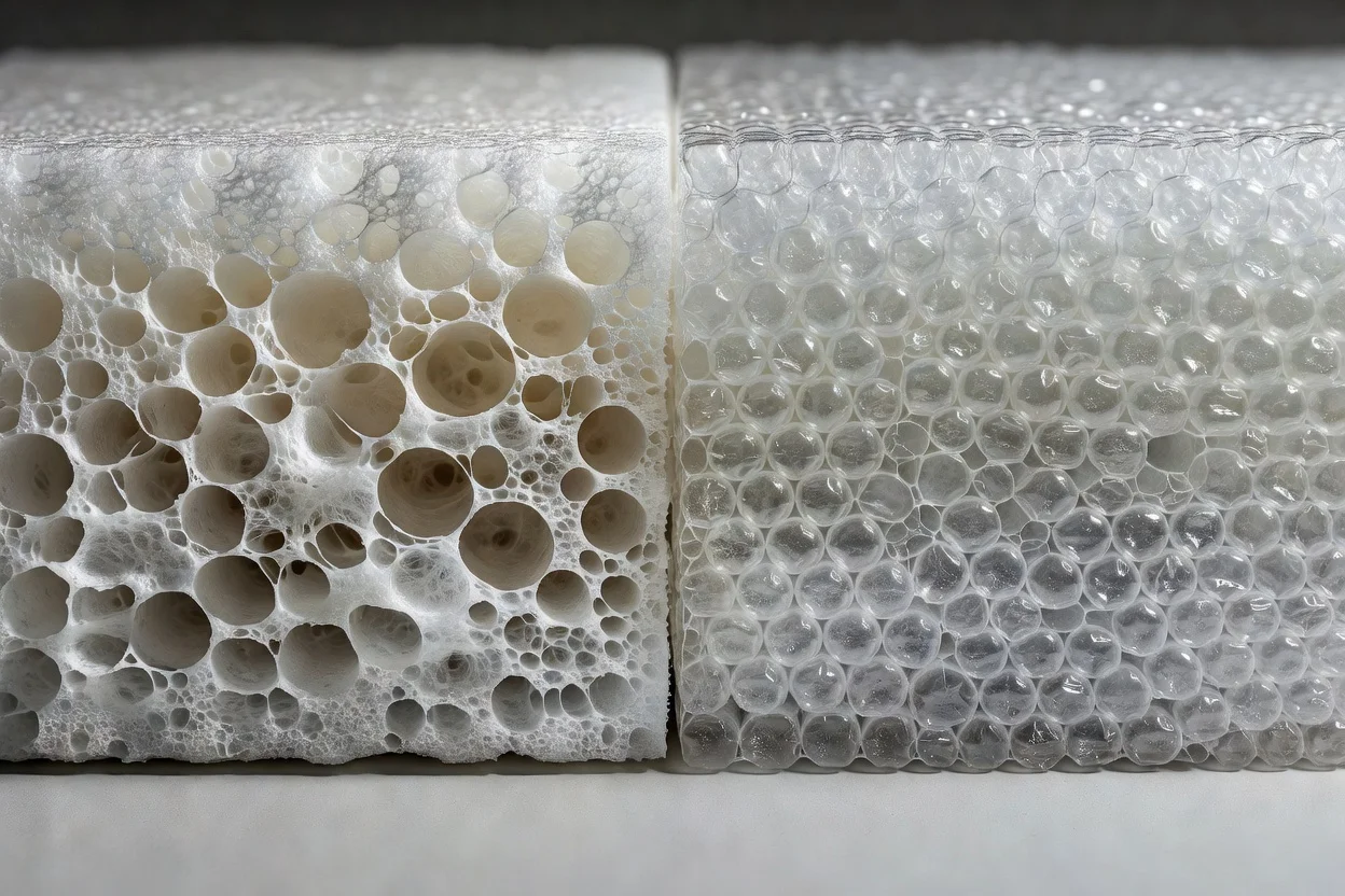 Échantillons de mousse polymère présentant une structure à cellules ouvertes ainsi que des bulles uniformes à cellules fermées. - plascentral.com

