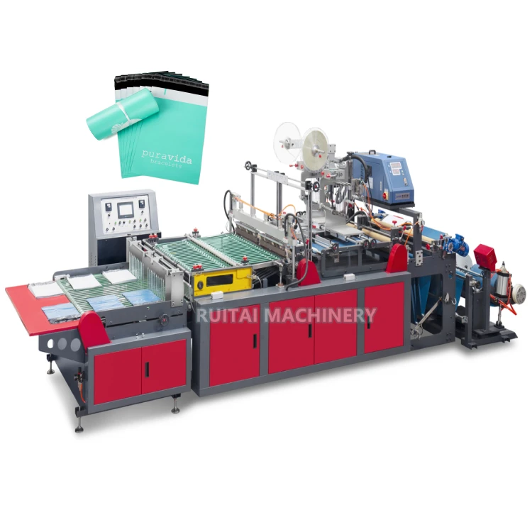 Plastic bag manufacturing machine with red and gray components, control panels, and conveyor systems. - ZHEJIANG RUITAI PACKING MACHINERY COMPANY LIMITED | Cpsemarketplace


