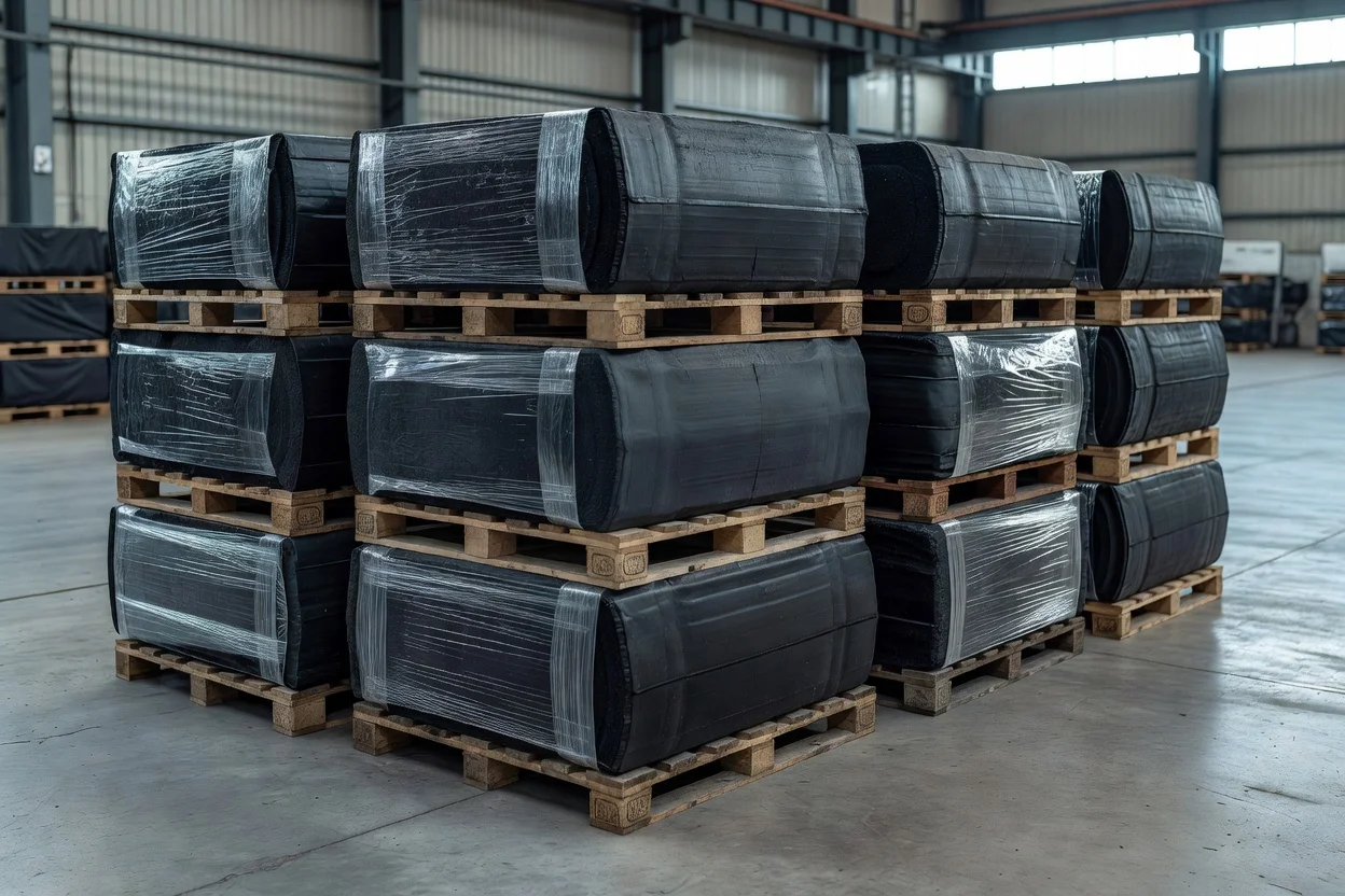 Grandes rollos de material de caucho negro envueltos en film plástico y apilados en palés de madera - plascentral.com

