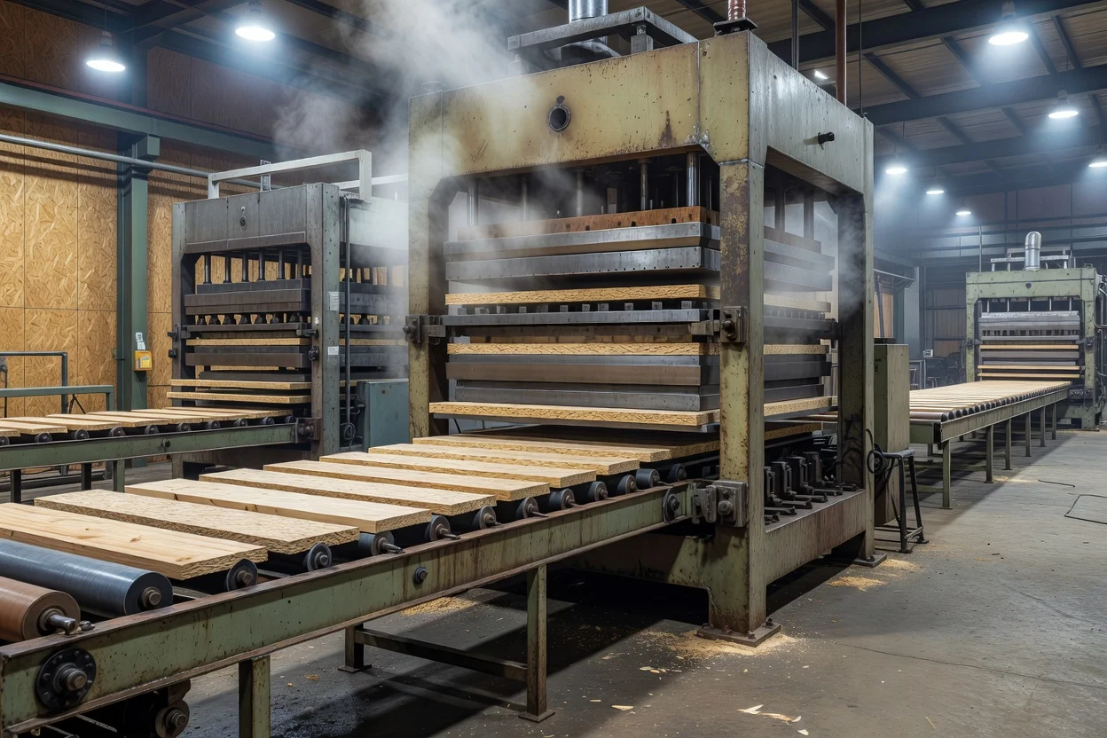 Stacks of particleboard panels on industrial conveyors with steam rising from processing equipment. - plascentral.com

