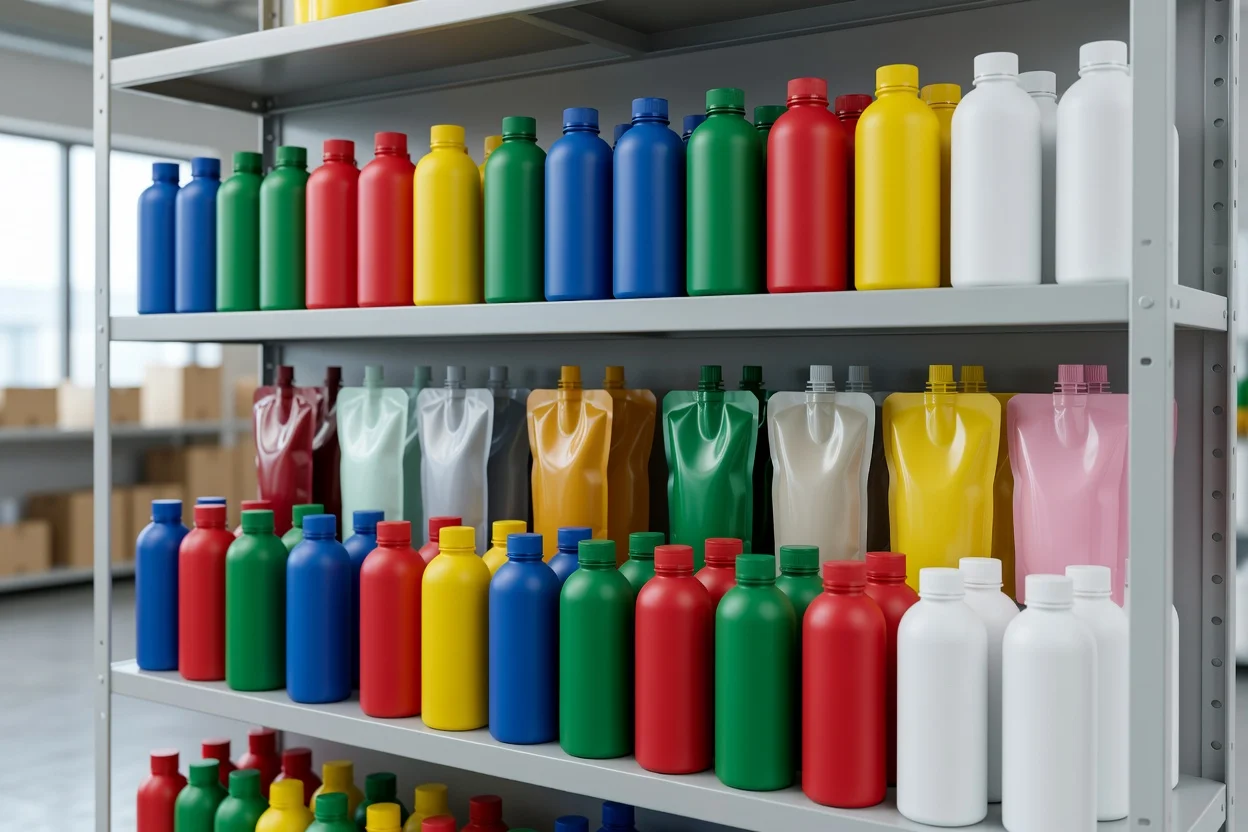 包装用途向けのさまざまな色のプラスチックボトルとフレキシブルパウチ。 - plascentral.com

