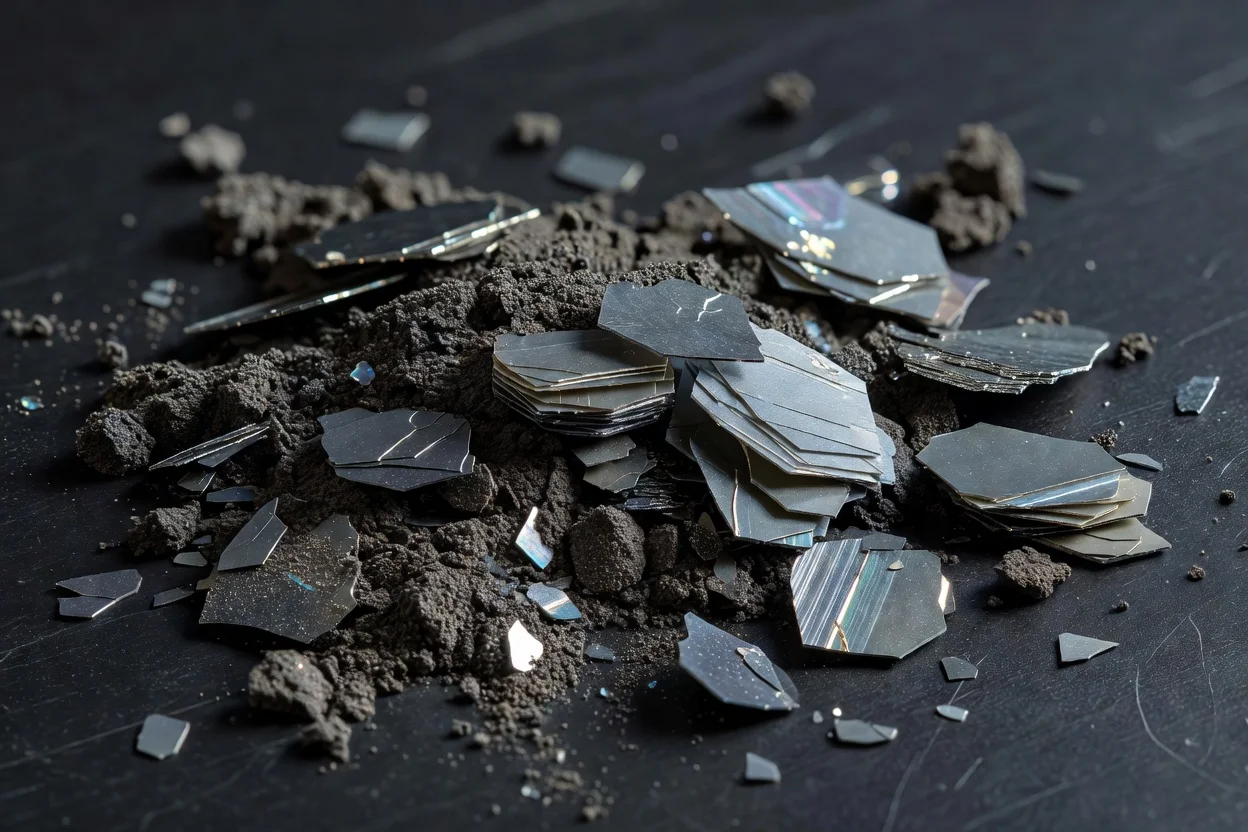 Cristales de disulfuro de molibdeno en capas, como escamas finas de color gris metálico con estructura apilada. - plascentral.com

