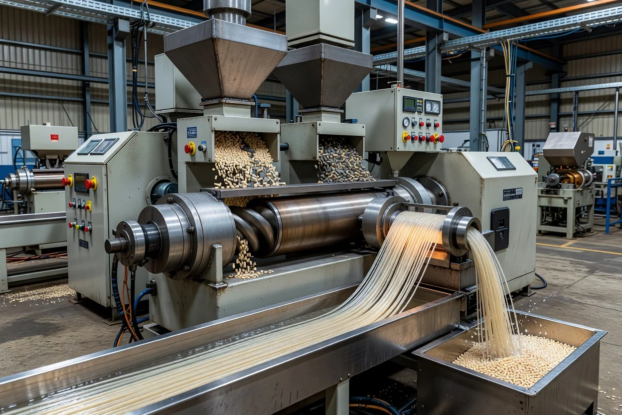 L'extrudeuse transforme des granulés d'additif polymère beige en brins fondus collectés dans des bacs - plascentral.com

