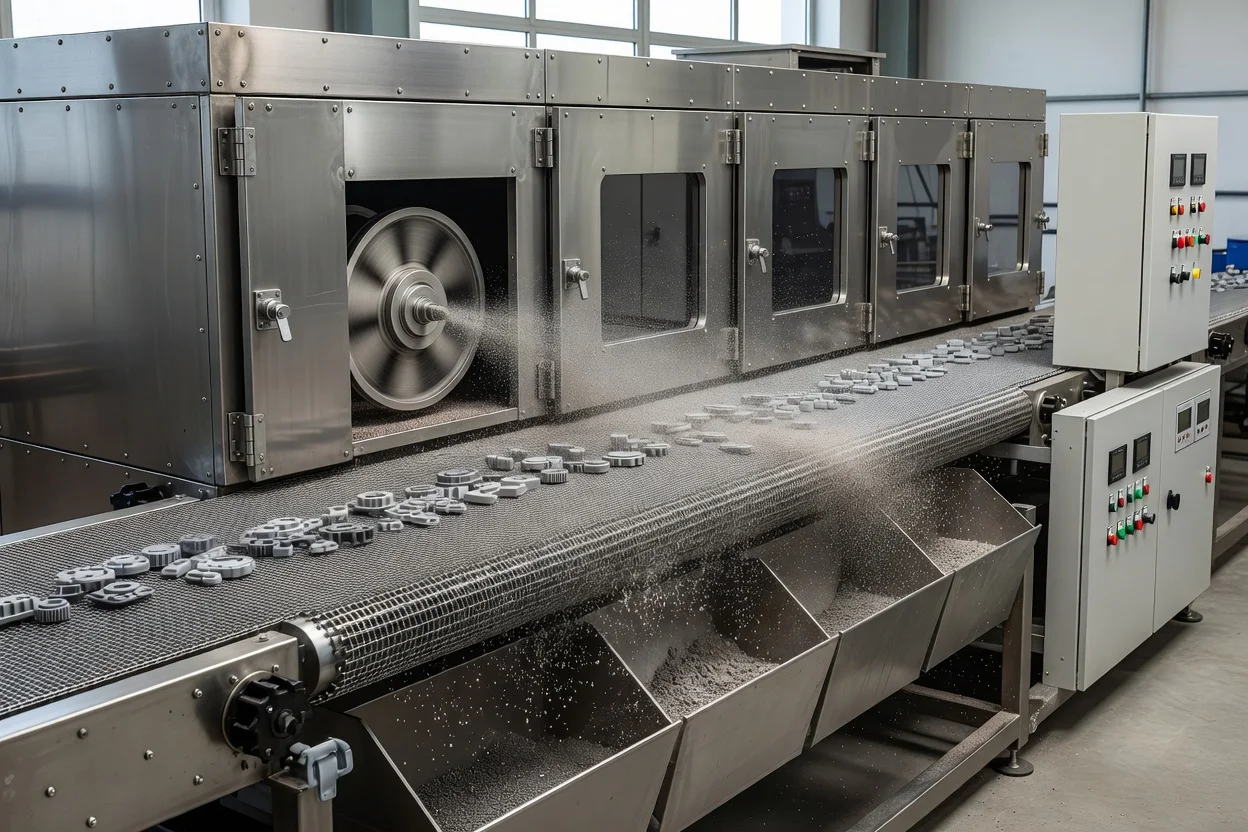Stainless-steel mesh-belt blast unit conveys plastic components through enclosed blasting chamber with media recovery hoppers. - plascentral.com

