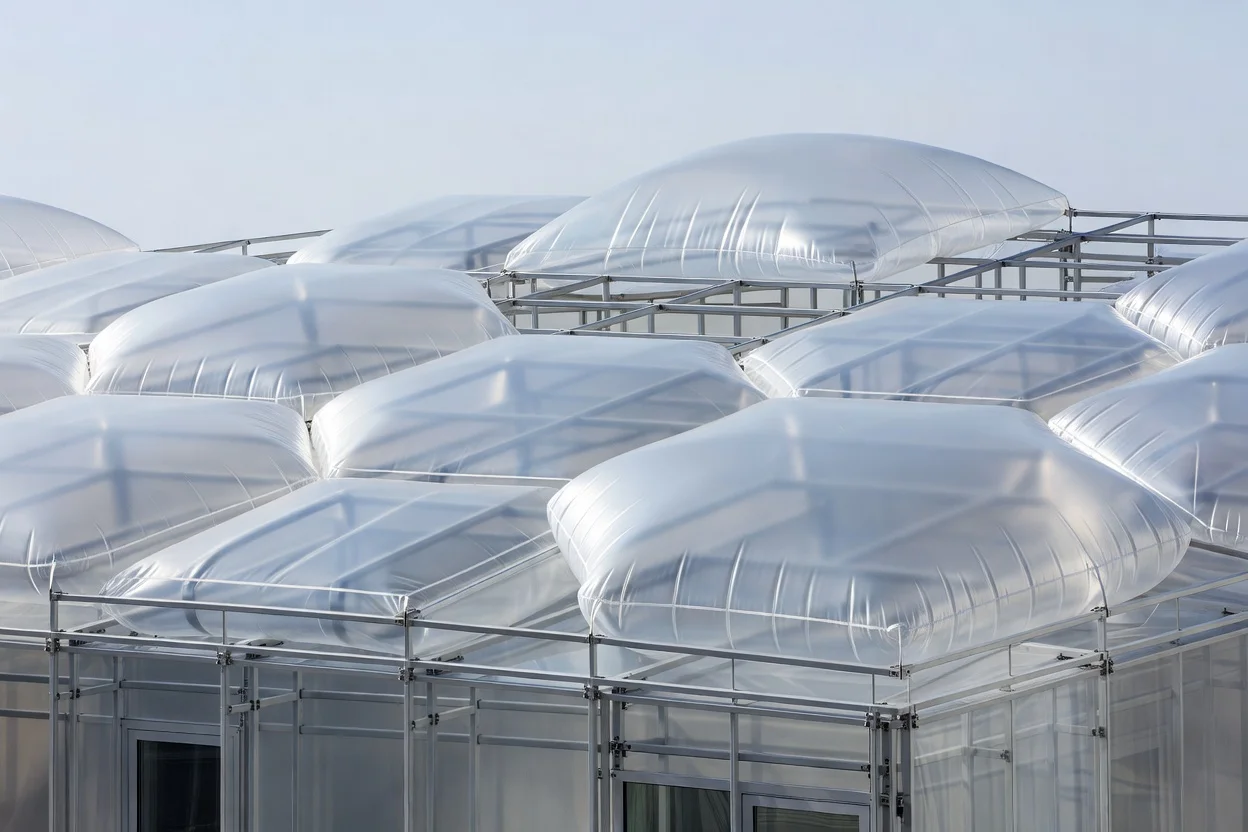 وسادات من فيلم ETFE شفافة مثبتة على هيكل فولاذي لواجهة المبنى. - plascentral.com

