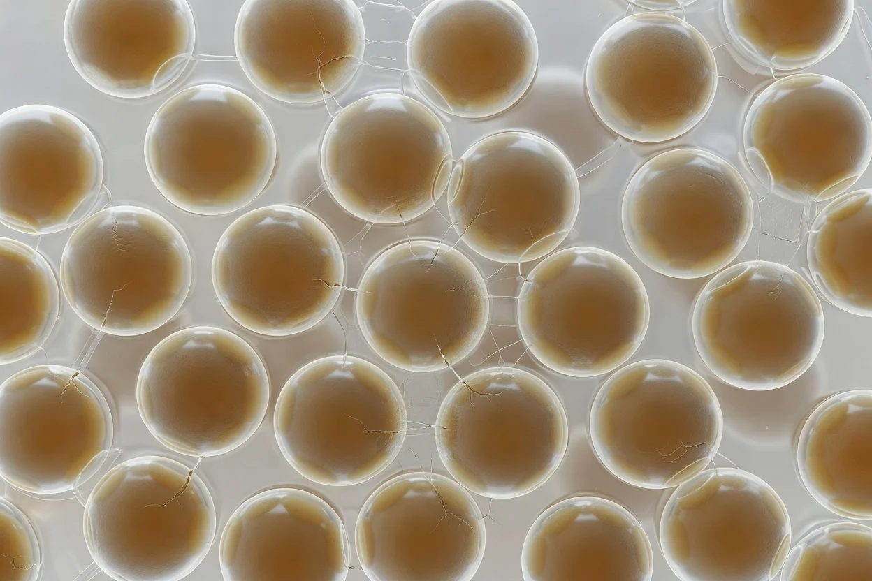 Particules sphériques uniformes de type cœur-coquille avec des fractures de surface disposées en un réseau dense. - plascentral.com

