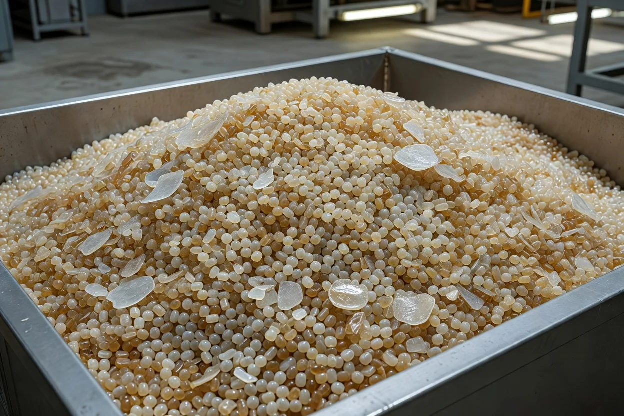 Plateau métallique de granulés de polymère recyclé de couleur ambre pâle mélangés à des flocons translucides - plascentral.com

