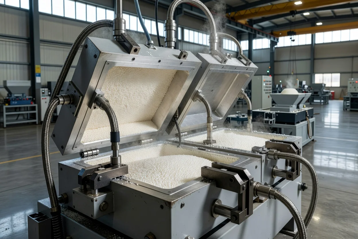 Expanded polypropylene foam beads filling open stainless steel molds during steam-chest molding. - plascentral.com

