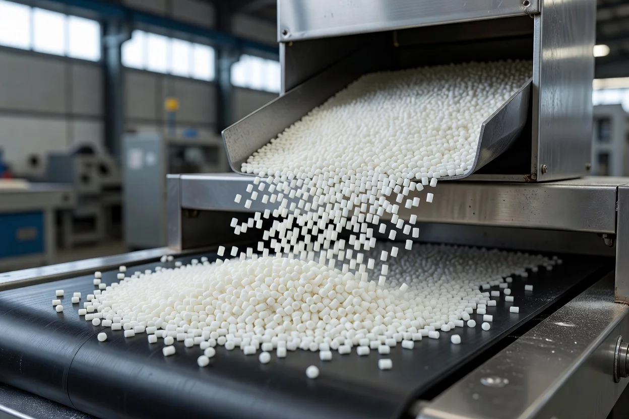 Bioplastic resin pellets flowing from processing equipment onto a conveyor belt - plascentral.com

