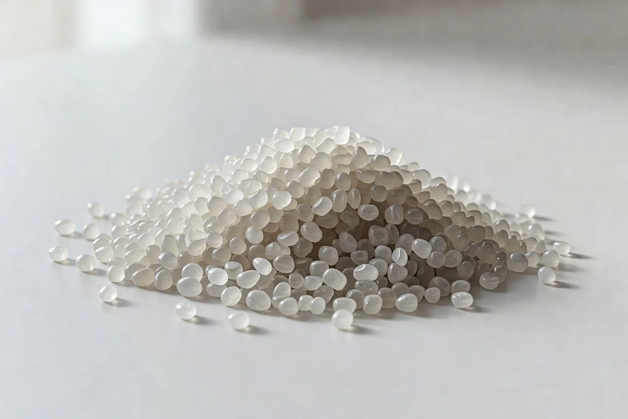 Loose pile of translucent off-white recycled polyamide granules - plascentral.com