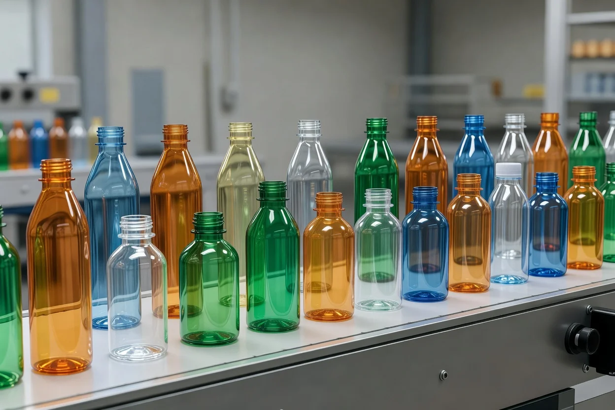 工業生產設備上各種顏色的透明塑膠瓶 - plascentral.com

