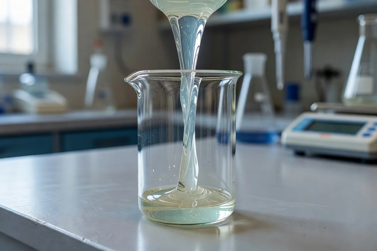 液体ポリマー配合物をポリウレタンフォーム製造の前駆体としてビーカーに注いだ。 - plascentral.com

