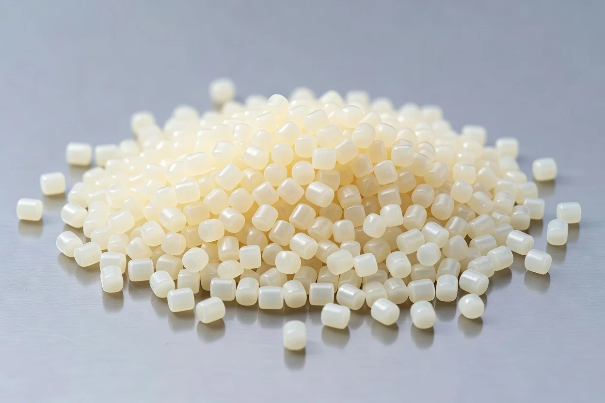 Uniform translucent white cylindrical PLA resin pellets with glossy finish - plascentral.com

