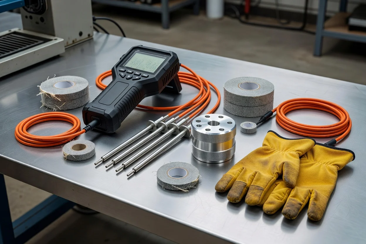 Sondes thermocouple de fusion avec câbles, indicateur numérique de température, ruban isolant et gants résistants à la chaleur pour le traitement des plastiques. - plascentral.com

