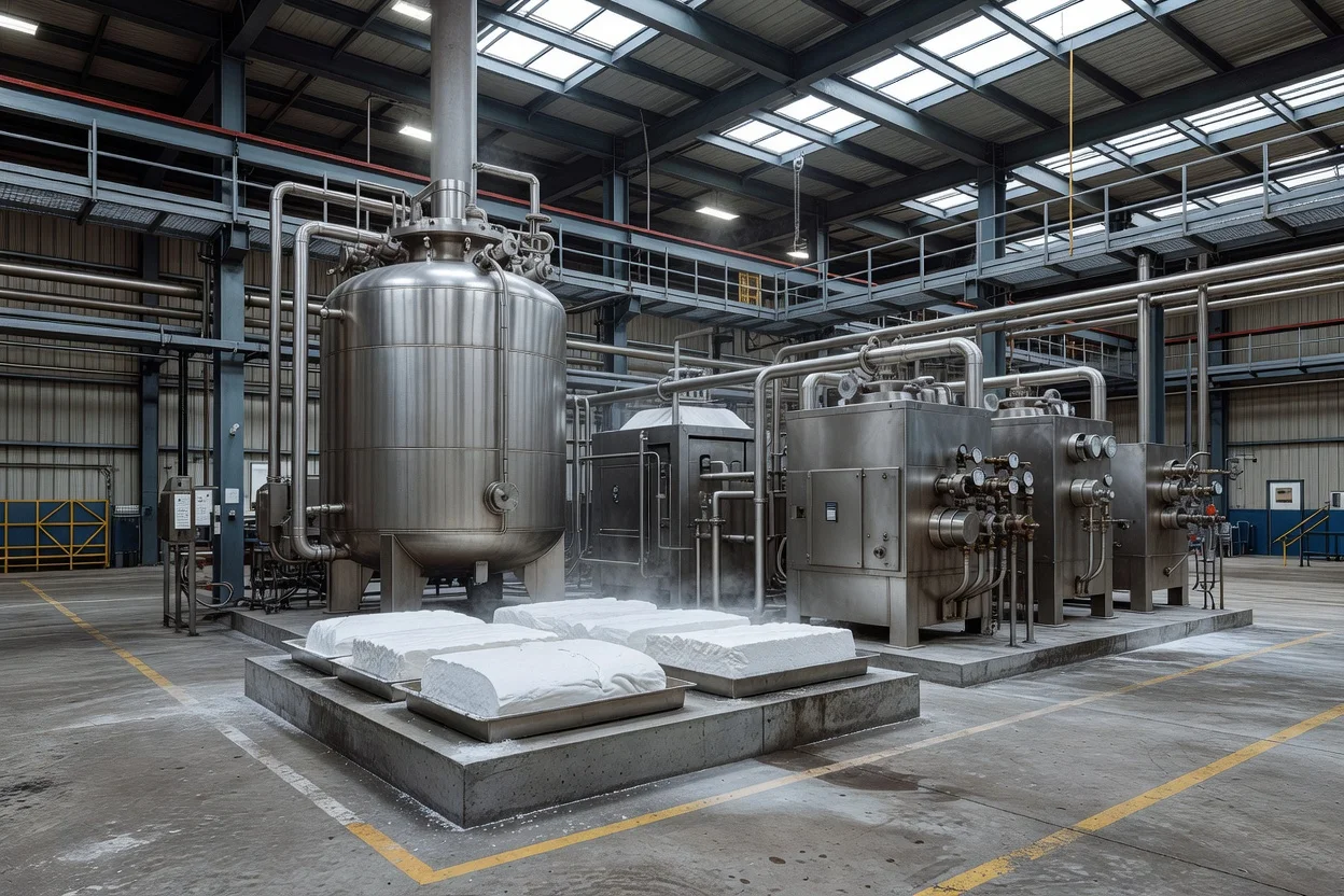 Bloques de polvo de sílice dispuestos en bandejas metálicas para procesamiento industrial - plascentral.com

