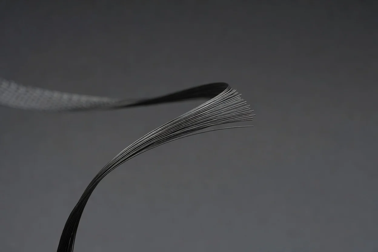 Des filaments de fibre de carbone émergeant d'un câble regroupé, montrant une structure fine et un arrangement semblable à du textile. - plascentral.com