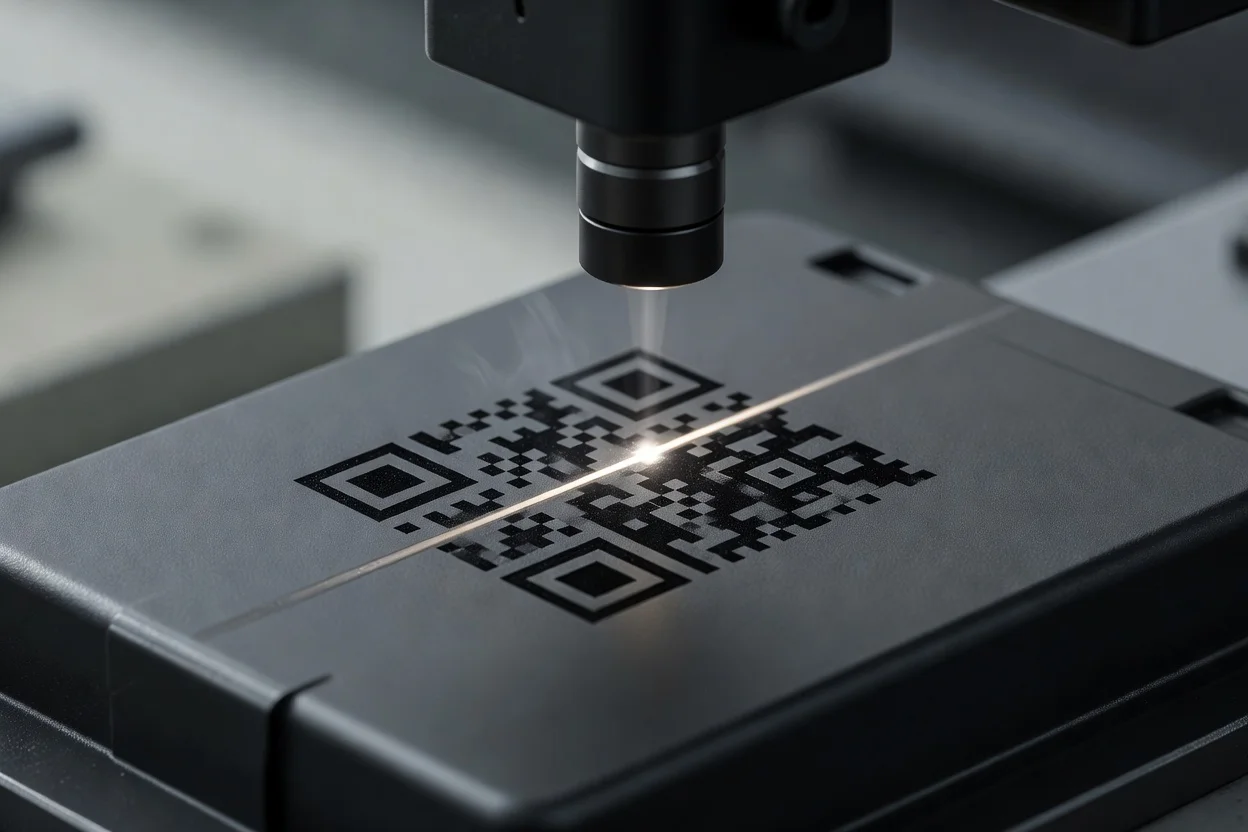 رأس الوسم بالليزر ينقش رمز QR على سطح بلاستيكي داكن. - plascentral.com

