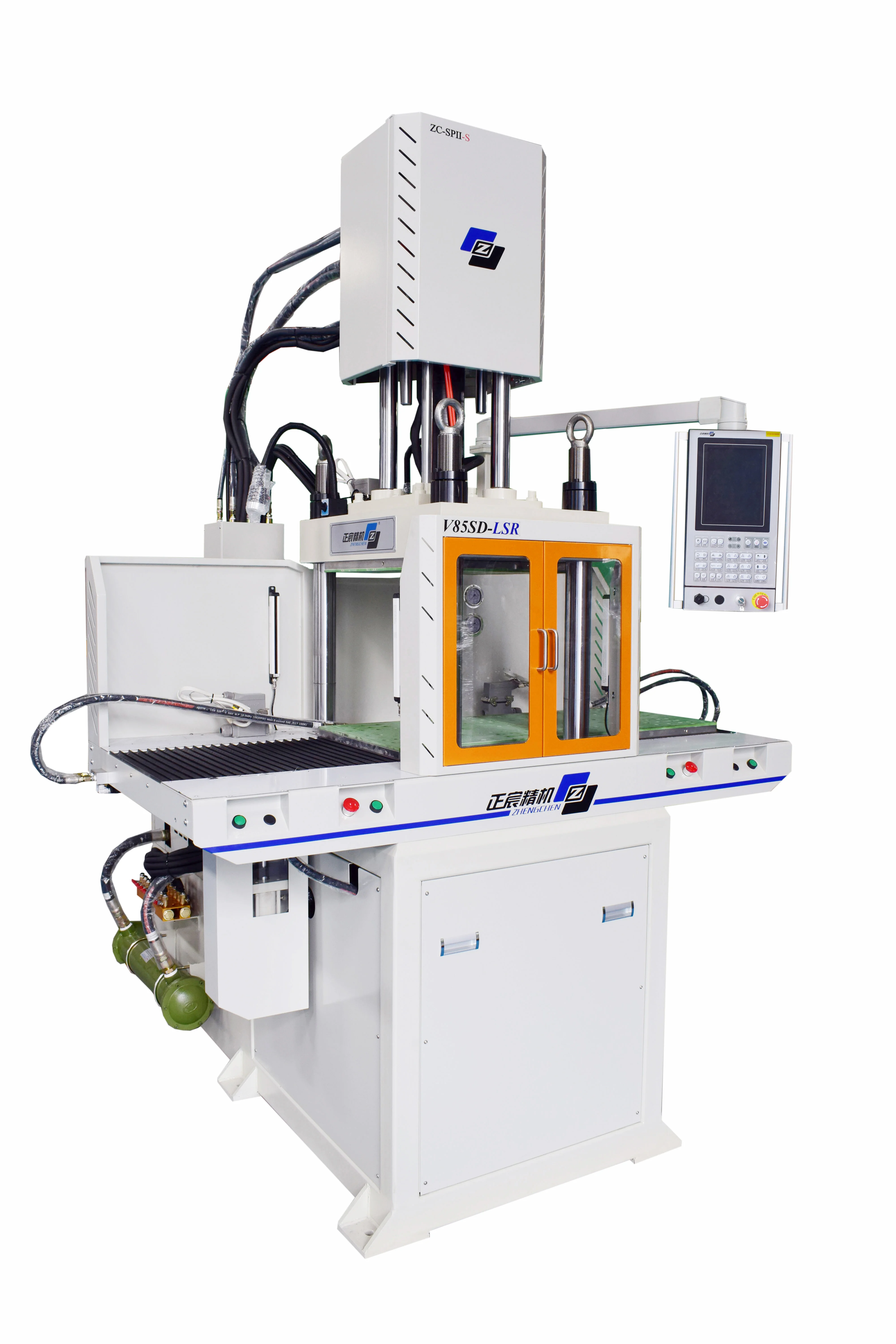 Vertical LSR injection molding machine with orange safety enclosure, integrated control panel, and hydraulic components. - DONGUAN ZHENGCHEN PRECISION MACHINERY CO.,LTD. | Cpsemarketplace

