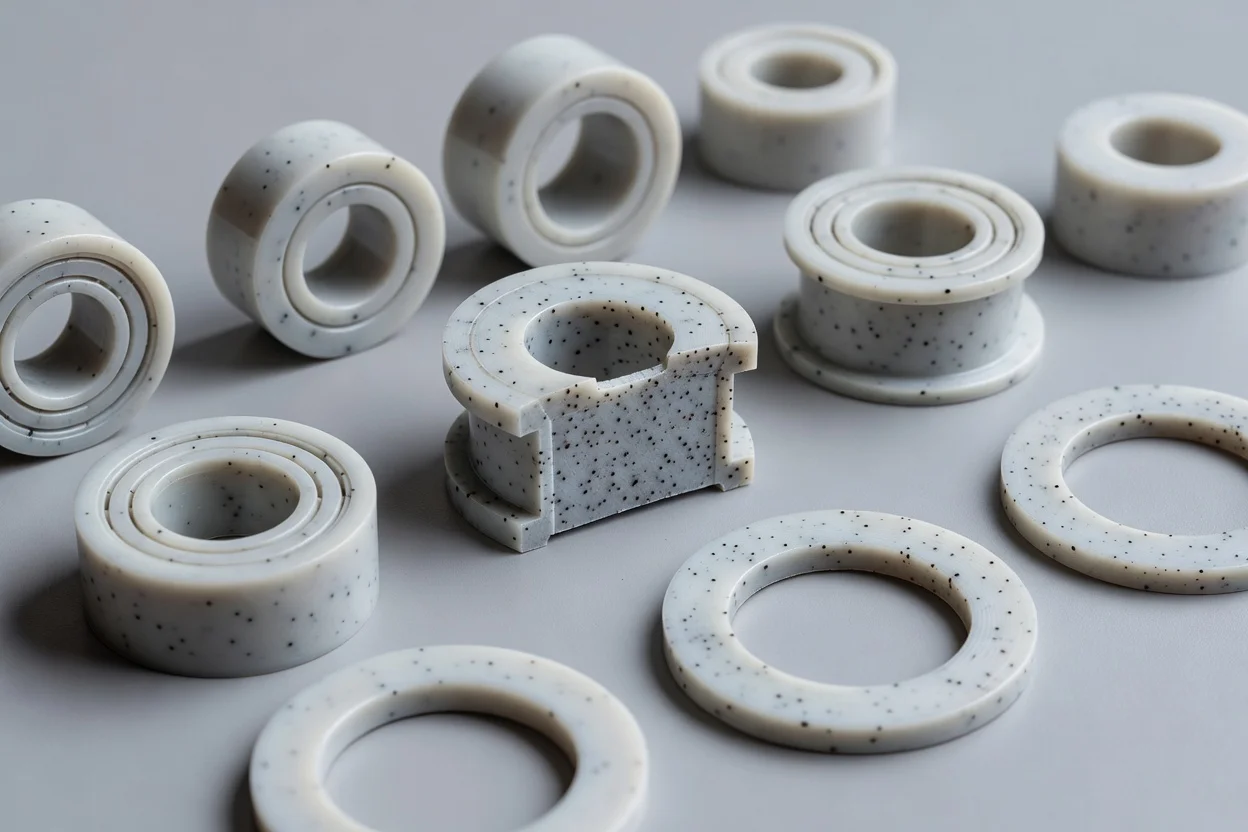 同心聚合物軸承環系列，具有層狀結構和斑點材料質感。 - plascentral.com

