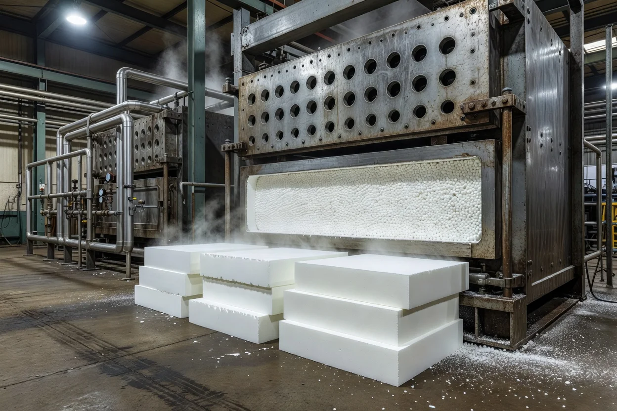 Expanded polystyrene (EPS) foam blocks produced with steam-emitting processing machinery - plascentral.com

