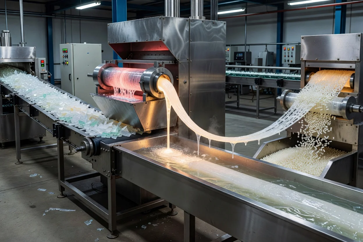 Ligne d'extrusion transformant du polycarbonate recyclé en granulés de résine rPC blancs et uniformes. - plascentral.com

