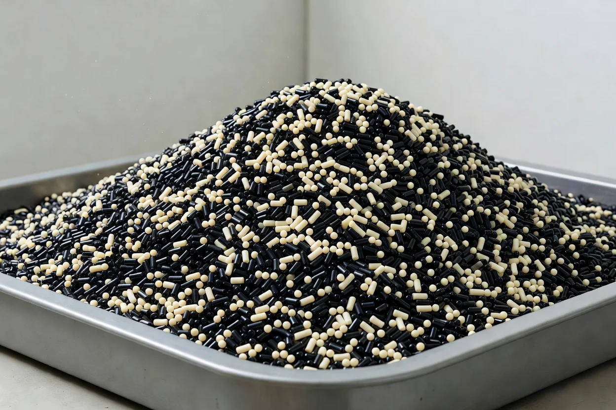 Black and off-white TPV polymer pellets contained in a metal tray. - plascentral.com

