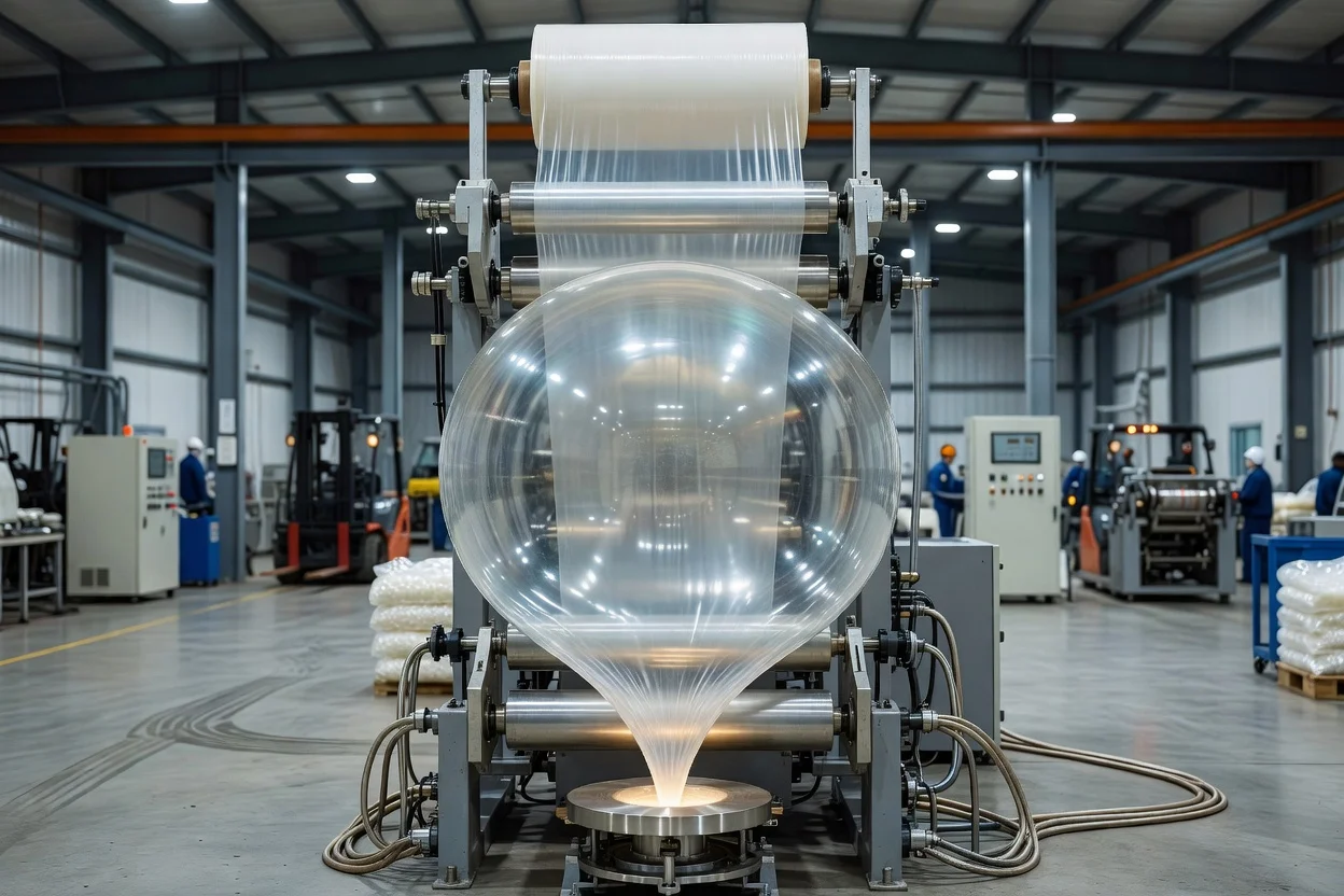 Ligne d'extrusion de film soufflé transformant des granulés de polymère en film plastique - plascentral.com

