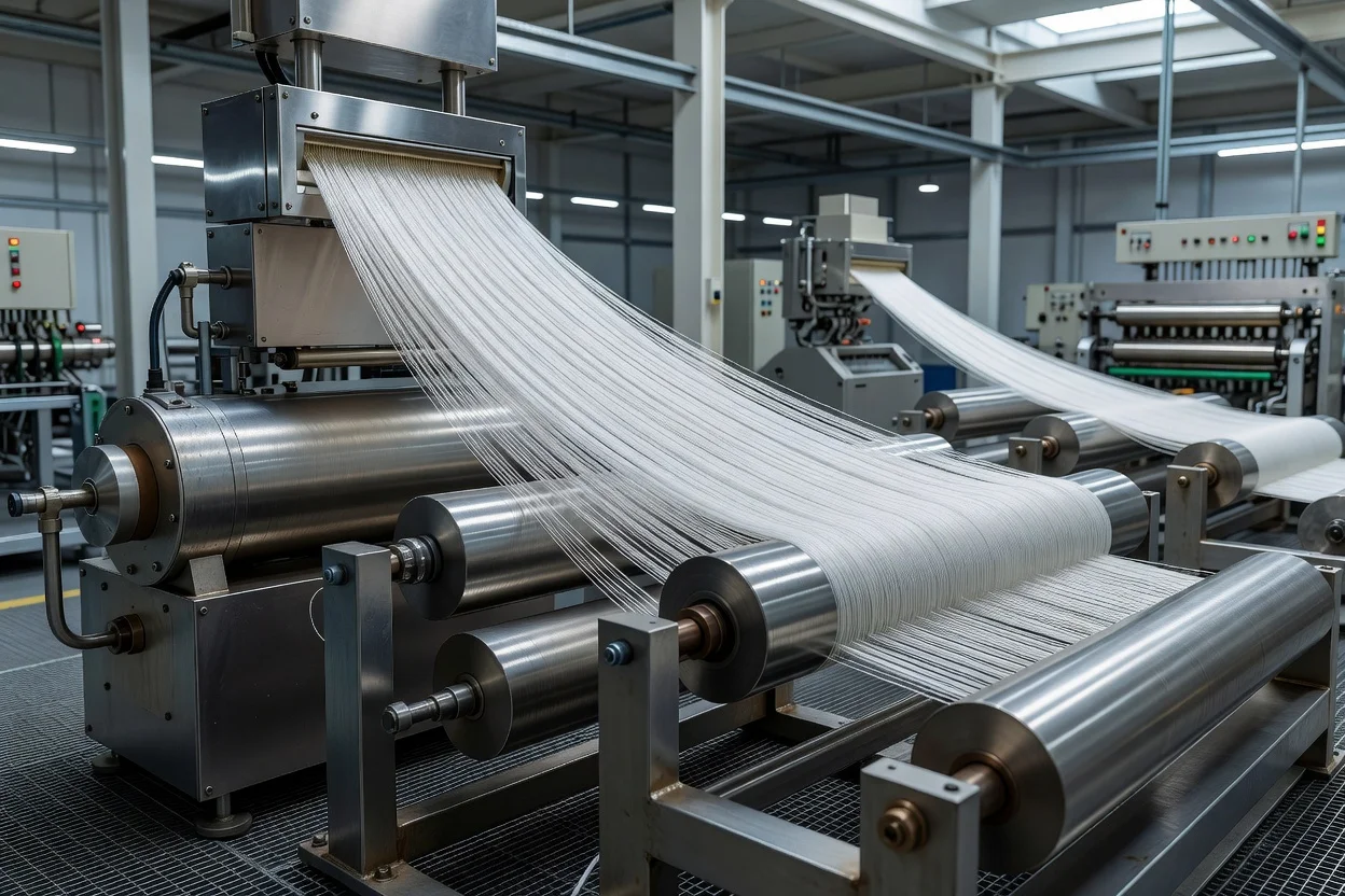 Melt spinning line extruding polymer filaments drawn across heated rollers. - plascentral.com

