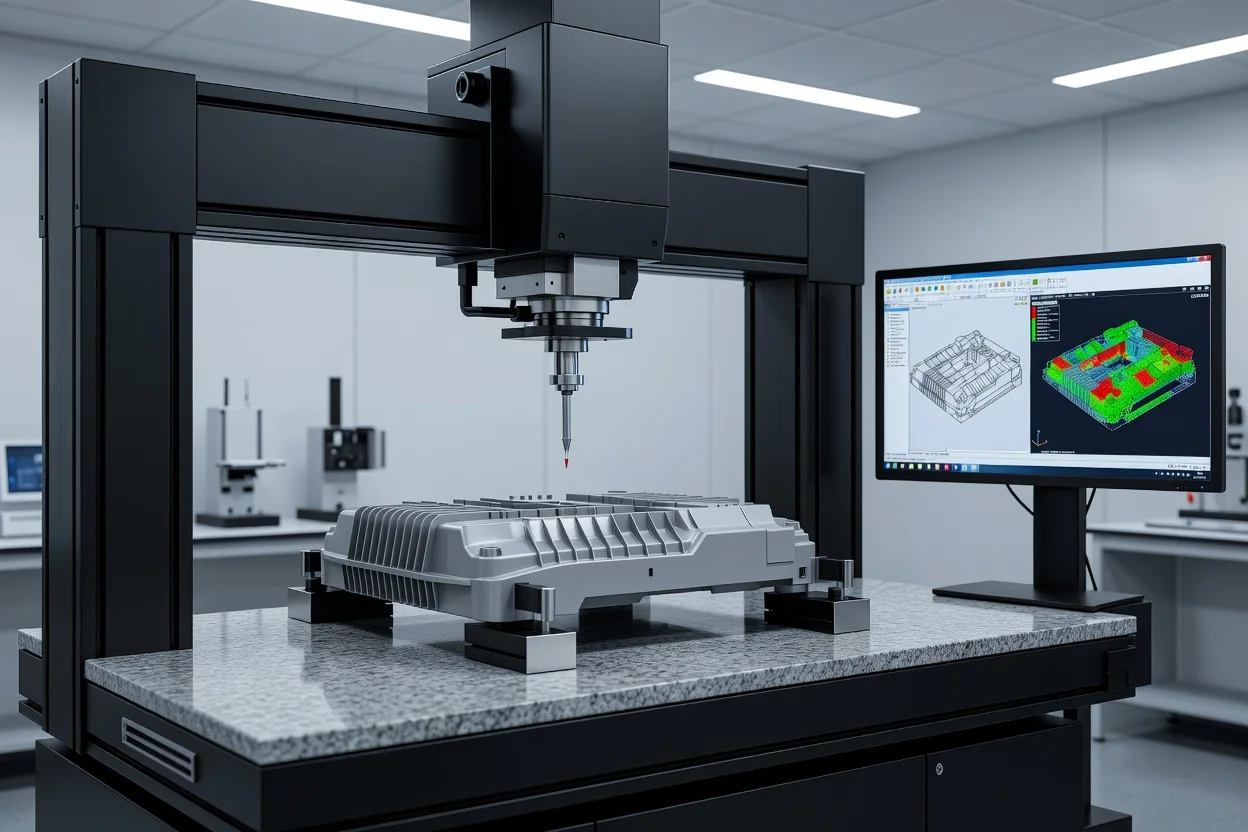 La máquina de medición por coordenadas verifica las dimensiones de un componente de plástico moldeado con precisión. - plascentral.com


