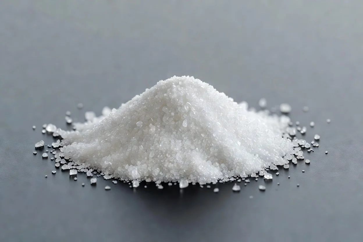 Polvo aditivo de polímero cristalino blanco con estructura cristalina angular y textura granular fina. - plascentral.com